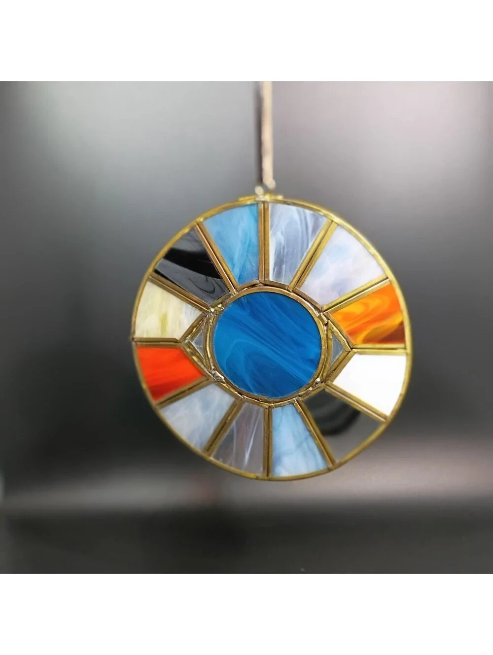 Vtg OOAK Round Symmetric Leaded Stained Glass Suncatcher Window Hanging Blue Eye
